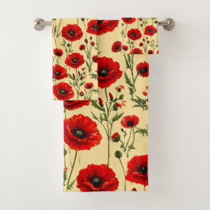 Red poppies pattern bath towel set