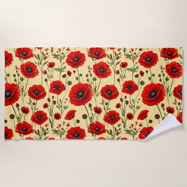 Red poppies pattern beach towel (Front)