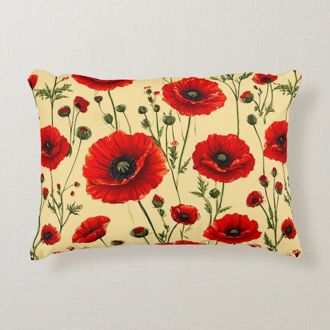 Red poppies pattern decorative cushion (Front)