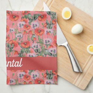 Red Poppies Pattern Personalised  Kitchen Towel