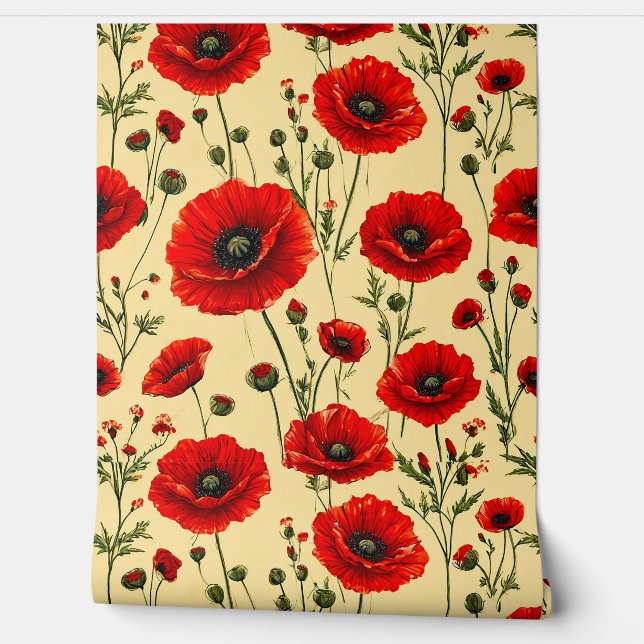 Red poppies pattern wallpaper (Unrolling)