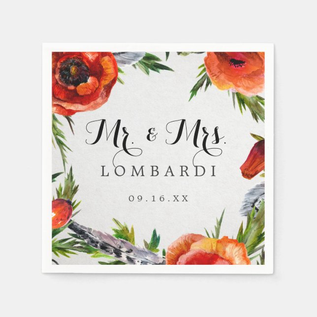 Red Poppies Personalised Wedding Paper Napkin (Front)