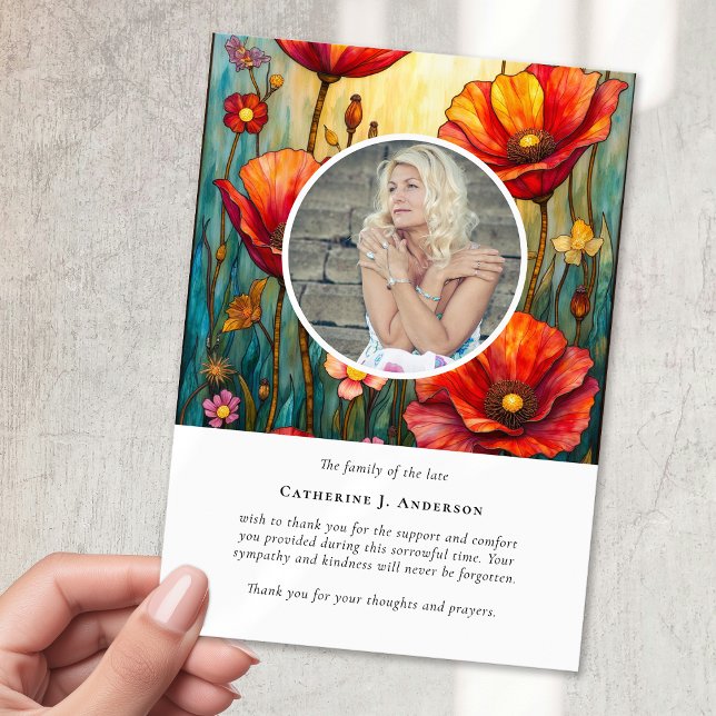 Red Poppies Photo Sympathy Funeral Memorial Thank You Card (Creator Uploaded)