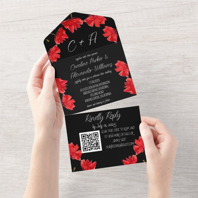 Red Poppies Poppy Black Modern Elegant Floral  All In One Invitation (Tearaway)