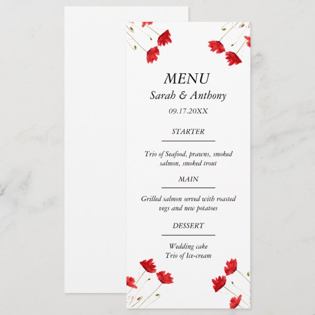 Red Poppies Poppy Floral Watercolor Wedding Food  Menu (Front/Back)