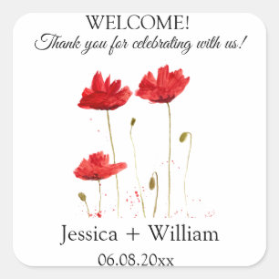 Red Poppies Poppy Flowers Rustic Modern Wedding Square Sticker