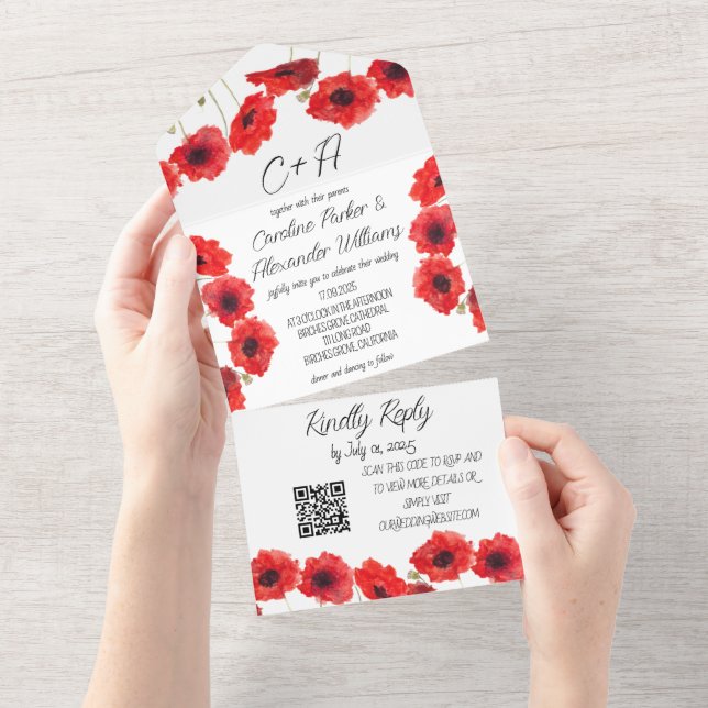 Red Poppies Poppy Modern Elegant Floral  All In One Invitation (Tearaway)