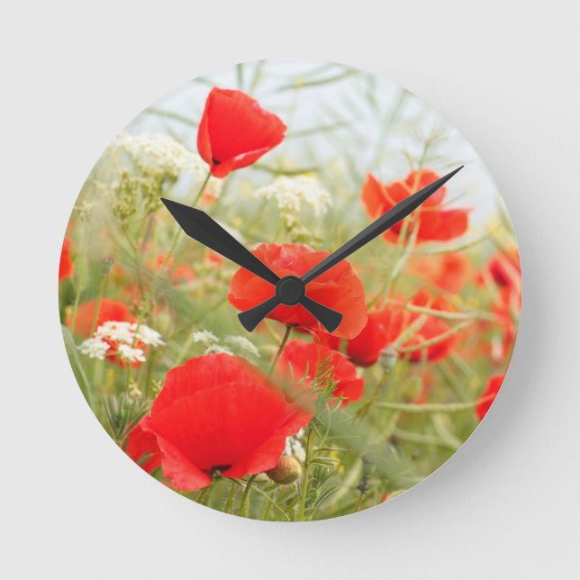 Red poppies pretty meadow round clock (Front)