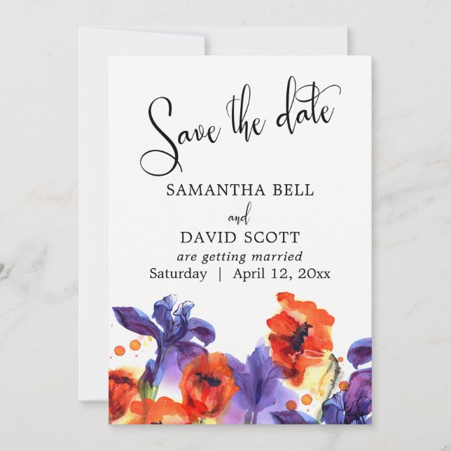 Red Poppies, Purple Iris Watercolor Save the Date (Front)