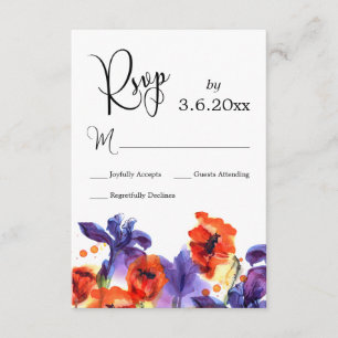 Red Poppies, Purple Iris Watercolor Wedding RSVP