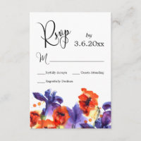 Red Poppies, Purple Iris Watercolor Wedding RSVP