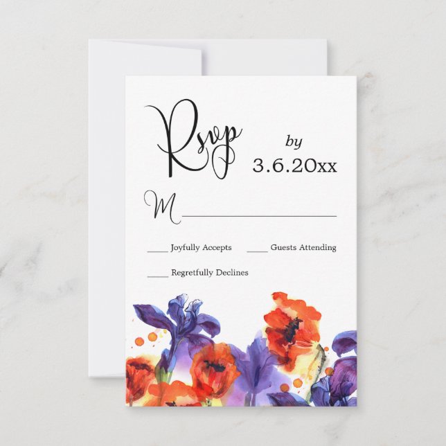 Red Poppies, Purple Iris Watercolor Wedding RSVP Card (Front)