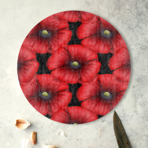 Red Poppies Round Black Glass Cutting Board