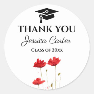 Red Poppies Rustic Floral Graduation Thank you  Classic Round Sticker