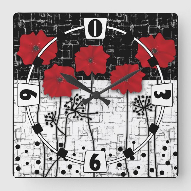 Red poppies square wall clock (Front)