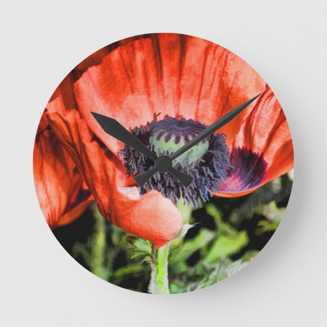 Red Poppies & Stamen Flowers Flora Art Gifts Round Clock (Front)