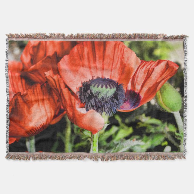 Red Poppies & Stamen Flowers Flora Art Gifts Throw Blanket (Front)