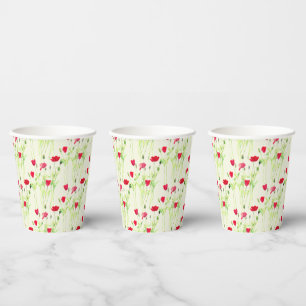 Red poppies summer meadow, wild flowers paper cups
