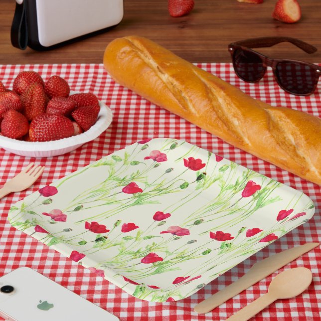 Red poppies summer meadow, wild flowers paper plate (Picnic)