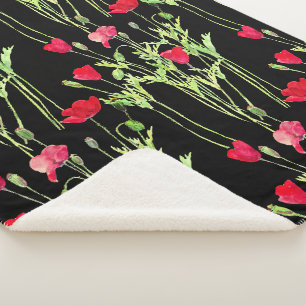 Red poppies summer meadow, wild flowers sherpa blanket