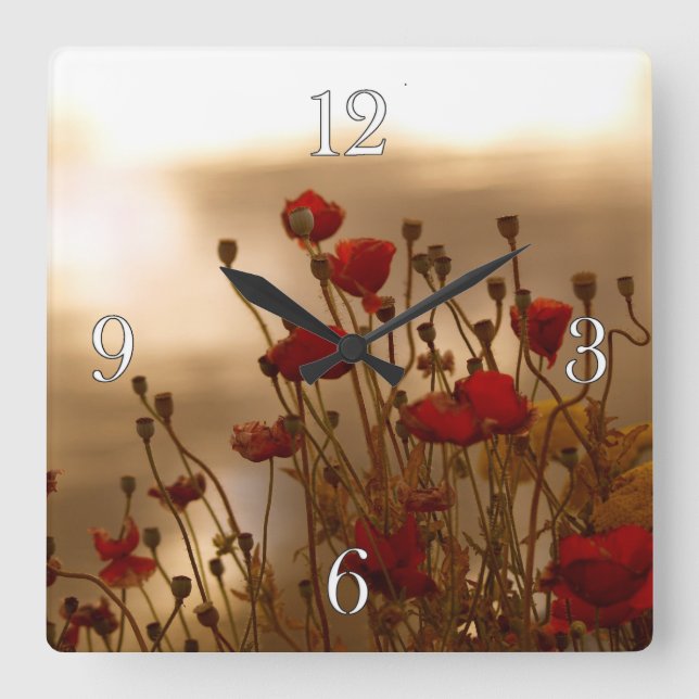 Red Poppies & Sunlight Flowers Flora Photo Clock (Front)