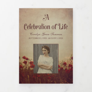 Red Poppies Vintage Funeral Program With Photo Tri-Fold Programme