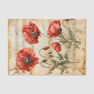 Red poppies vintage style music sheet ephemera
