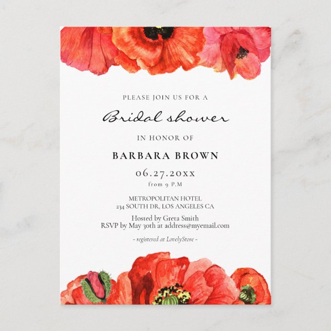 Red poppies watercolor bridal shower invitation postcard (Front)