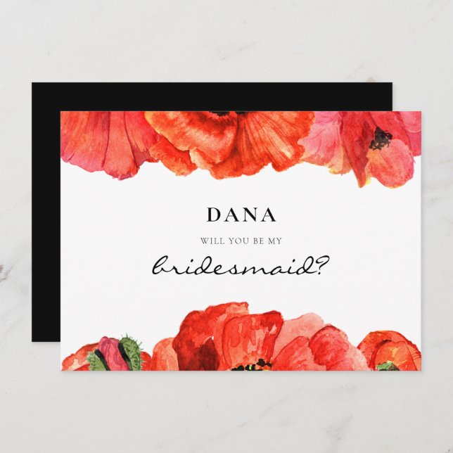 Red poppies watercolor Bridesmaid proposal card (Front/Back)