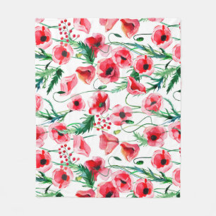 Red poppies: watercolor floral illustration fleece blanket