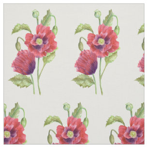 Red Poppies Watercolor Floral Illustration Pattern Fabric