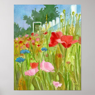 Red Poppies Watercolor Flowers Picket Fence Poster