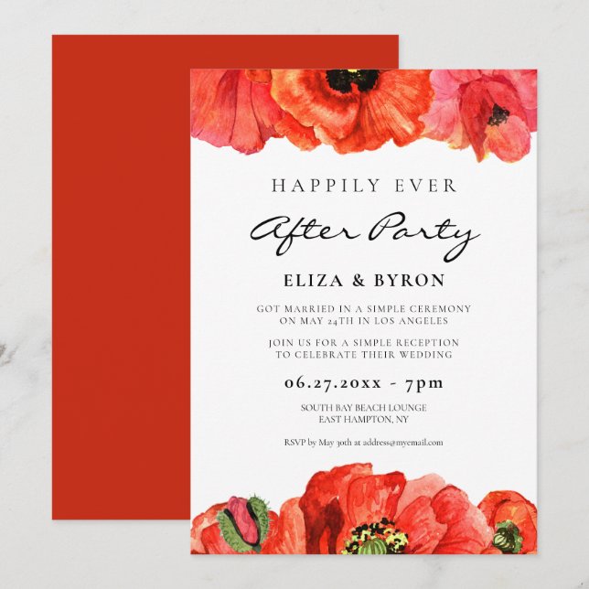 Red poppies watercolor Happily ever after party Invitation (Front/Back)