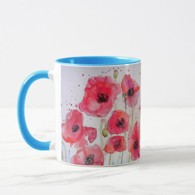 Red Poppies Watercolor Painting Mug blue (Left)