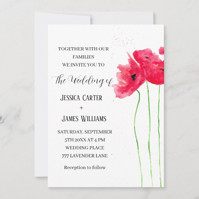 Red Poppies Watercolor Rustic Elegant Wedding Invitation (Front)