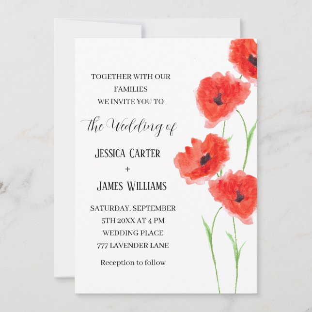 Red Poppies Watercolor Rustic Elegant Wedding Invitation (Front)