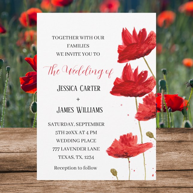 Red Poppies Watercolor Rustic Elegant Wedding Invitation (Creator Uploaded)