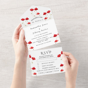 Red Poppies Watercolor Script Elegant Wedding All In One Invitation