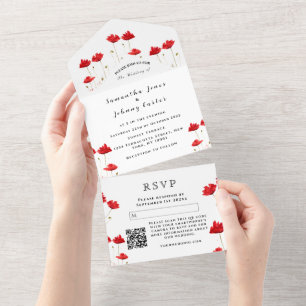 Red Poppies Watercolor Script Elegant Wedding All In One Invitation