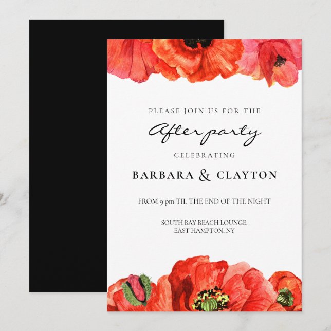 Red poppies watercolor wedding after party invitation (Front/Back)