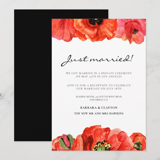 Red poppies watercolor wedding announcement (Front/Back)