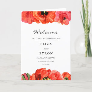 Red poppies watercolor wedding folded Program Programme