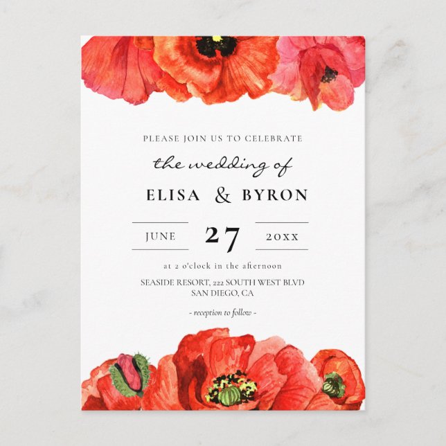 Red poppies watercolor wedding invitation postcard (Front)