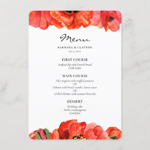 Red poppies watercolor wedding menu
