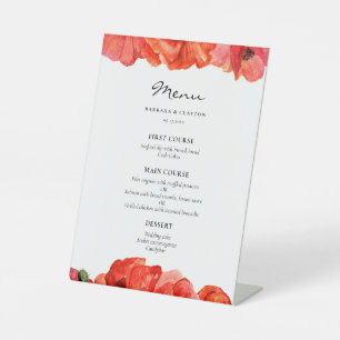Red poppies watercolor wedding menu pedestal sign