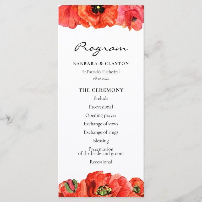 Red poppies watercolor wedding programme (Front)