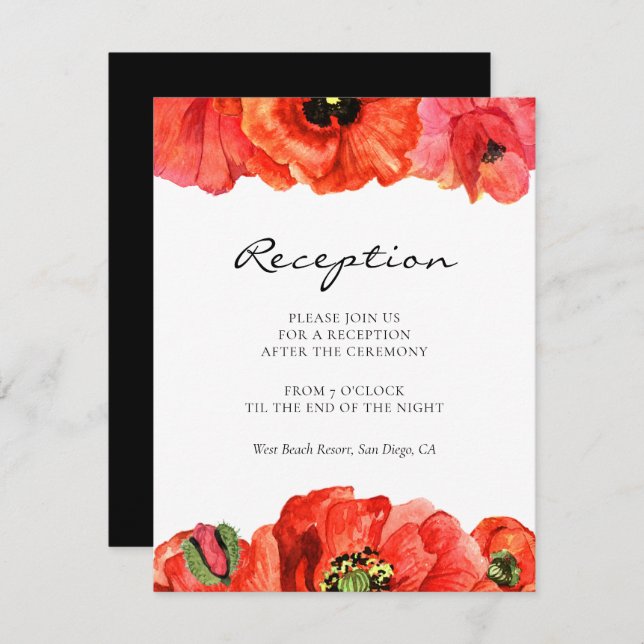 Red poppies watercolor wedding reception card (Front/Back)