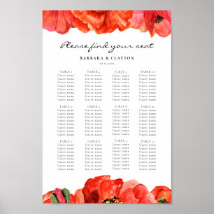 Red poppies watercolor wedding seating chart