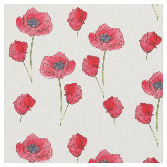Red Poppies Watercolor Wildflowers Botanical Art Fabric (Close Up)