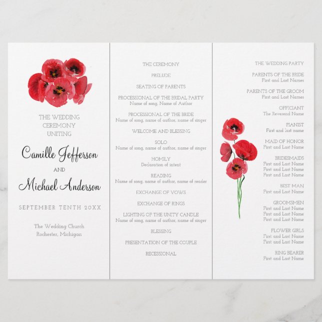 Red poppies wedding program (Front)